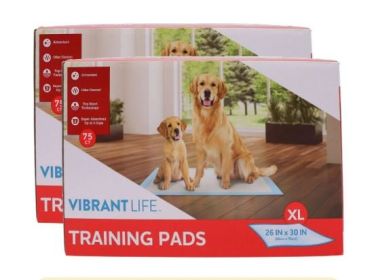(2 pack) Vibrant Life Training Pads, Dog & Puppy Pads, XL, 26 in x 30 in, 75 Count