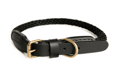 Rope and Leather Collar with Buckle (24 in) (Color: Black  Line, size: 24 in)
