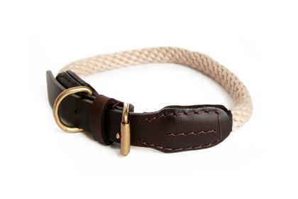 Rope and Leather Collar with Buckle (24 in) (Color: Beige  Line, size: 24 in)