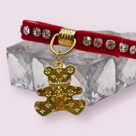 Velvet Bow Bear Charm Collar- Dog Collar (style: Pink, size: 14")